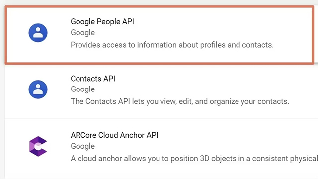 Google People APIをクリックし、ページに入り、「有効化」をクリックする。
